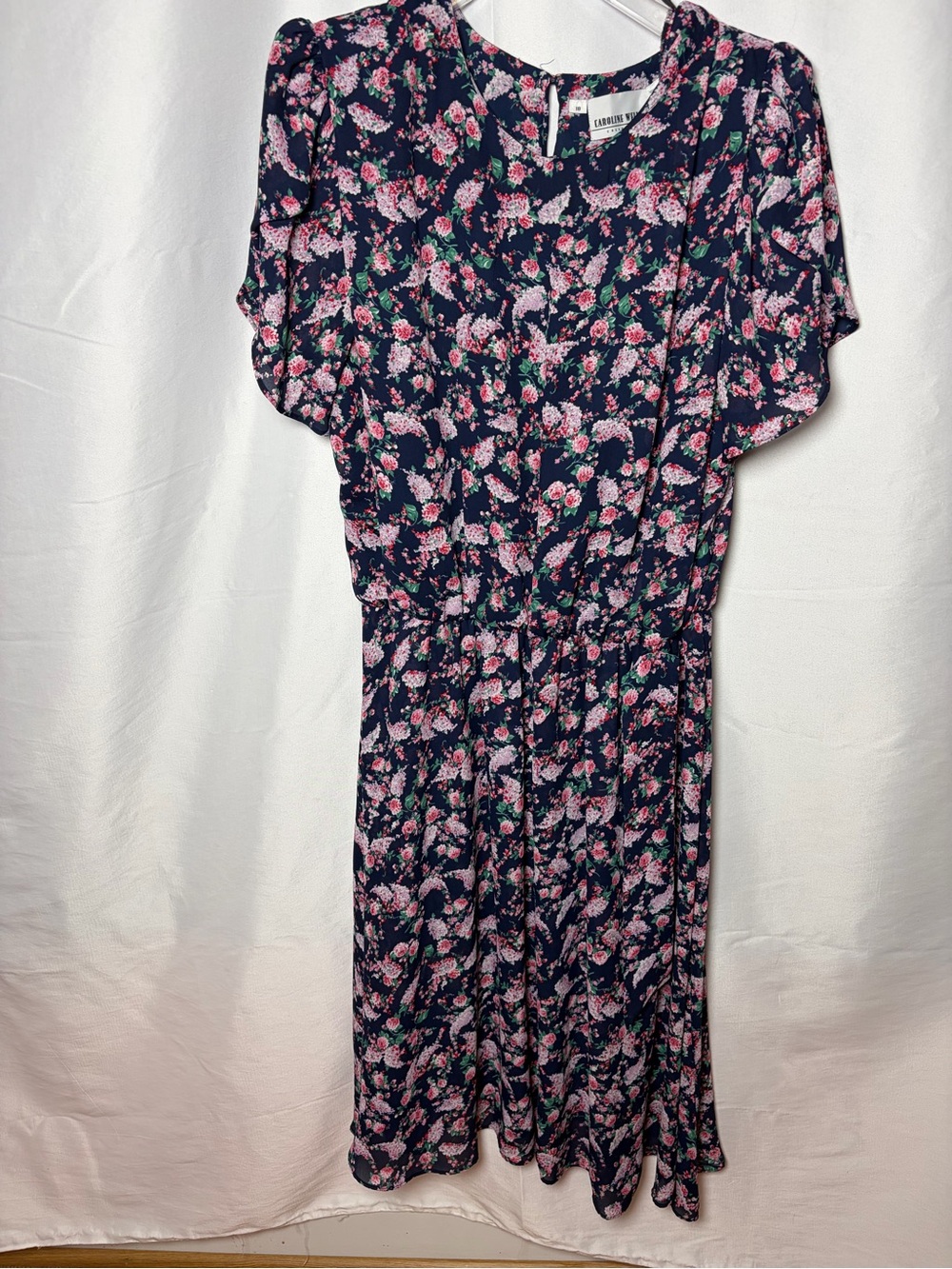 Floral Midi Dress - Navy with Pink Flowers